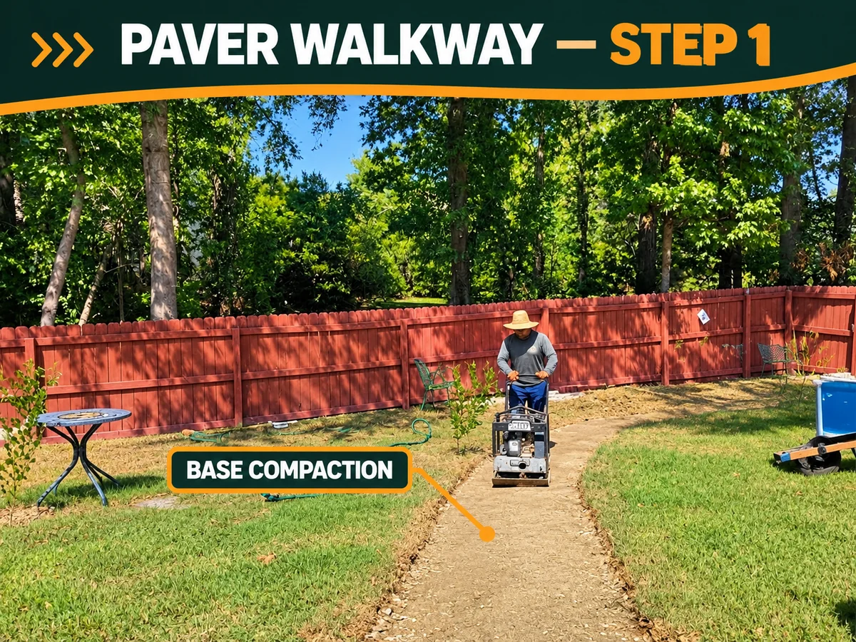 Paver walkway preparation showing base compaction before installing pavers — landscaping services serving Cary NC