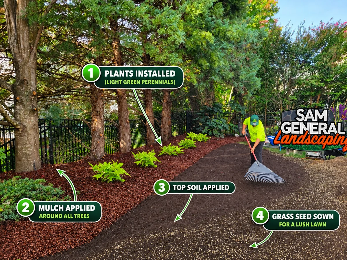 Landscaping project showing planted trees, mulch, topsoil and grass seed — landscaping services serving Cary NC