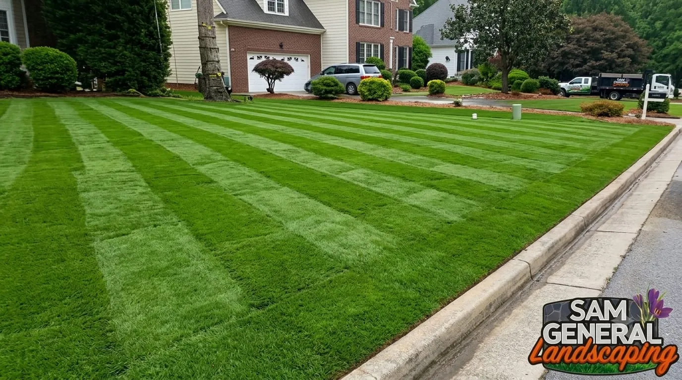 Lush green lawn with mature landscaping